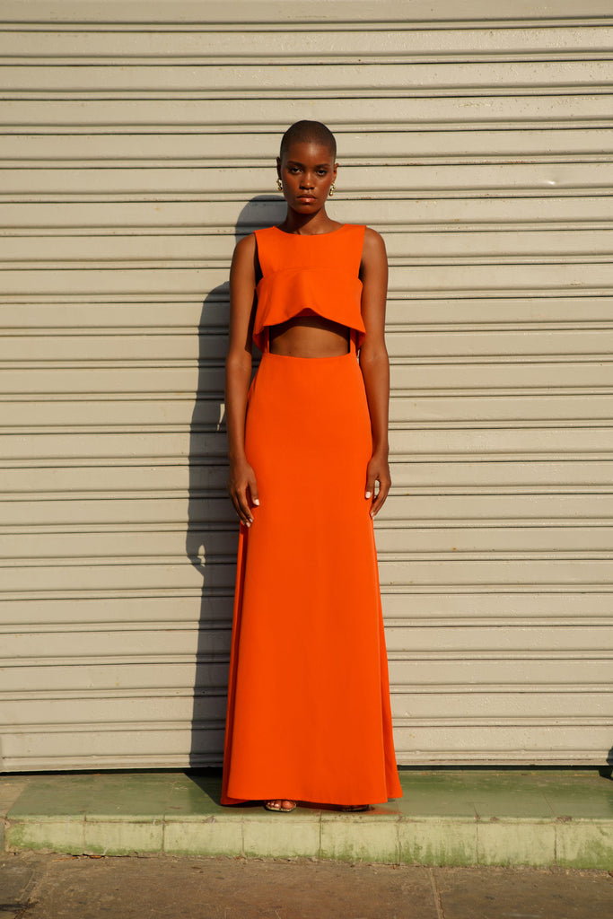 “long orange dress”